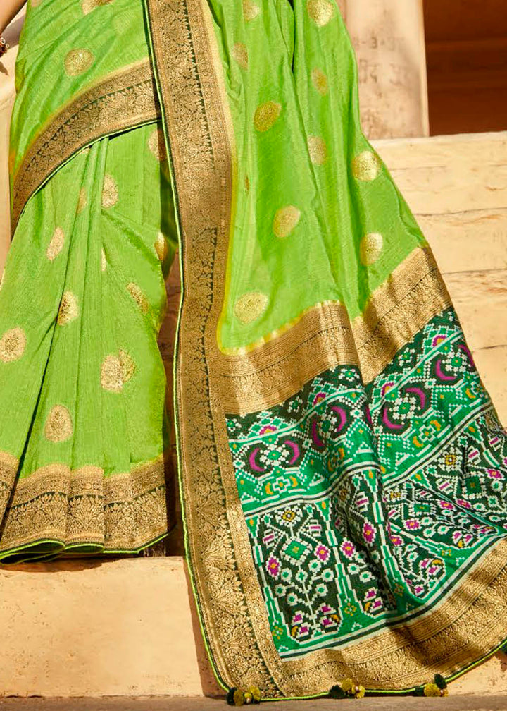 Lawn Green Woven Banarasi Patola Silk Saree with Embroidered Blouse