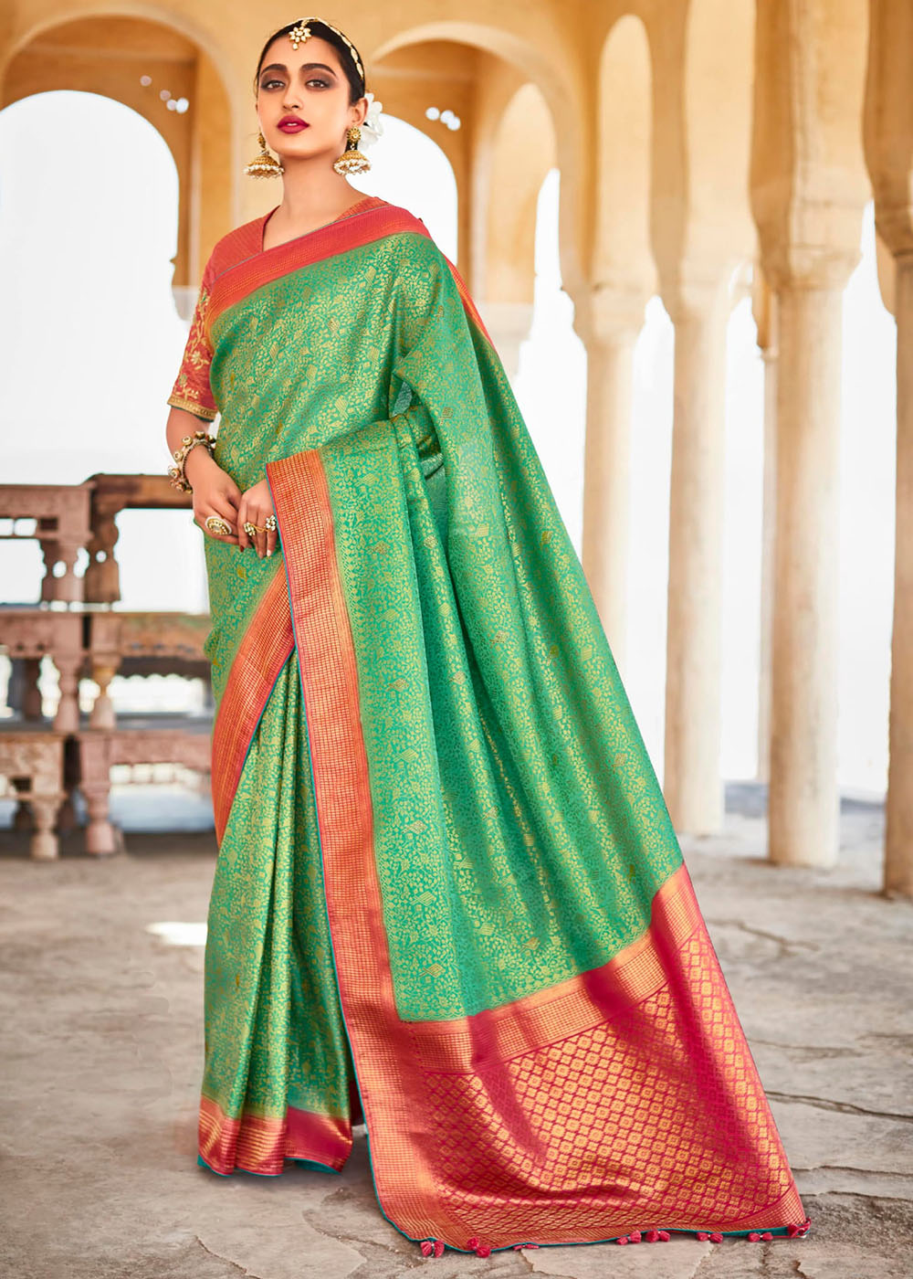 Jade Green Zari Woven Kanjivaram Silk Saree with Embroidered Blouse: Wedding Edition