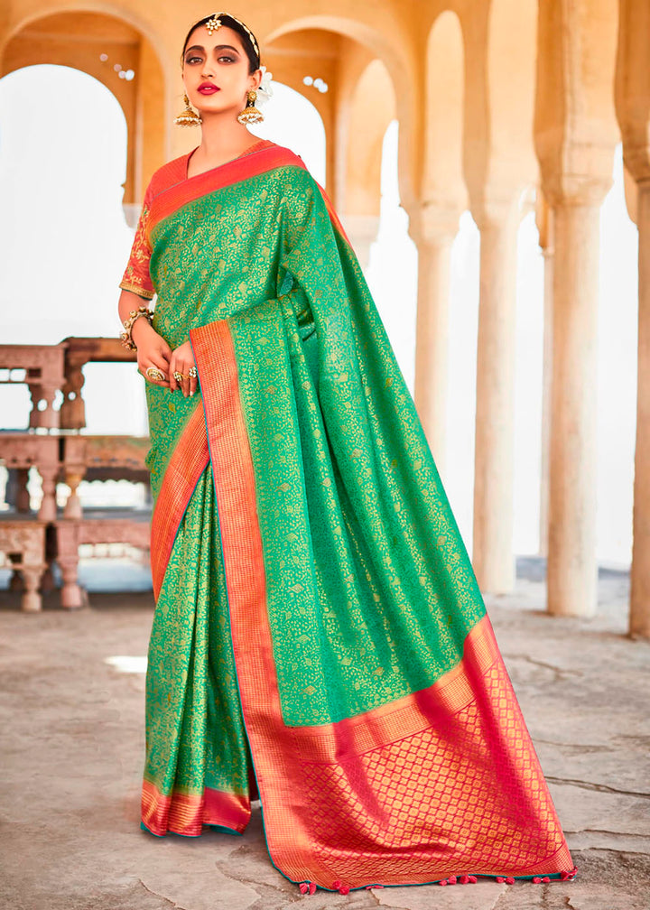 Jade Green Zari Woven Kanjivaram Silk Saree with Embroidered Blouse: Wedding Edition