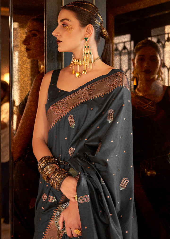 Charcoal Black Zari Woven Banarasi Silk Saree