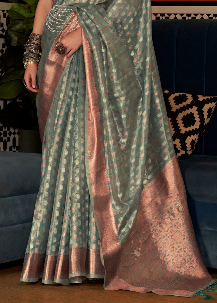 Viridian Green Zari Woven Tissue Silk Saree