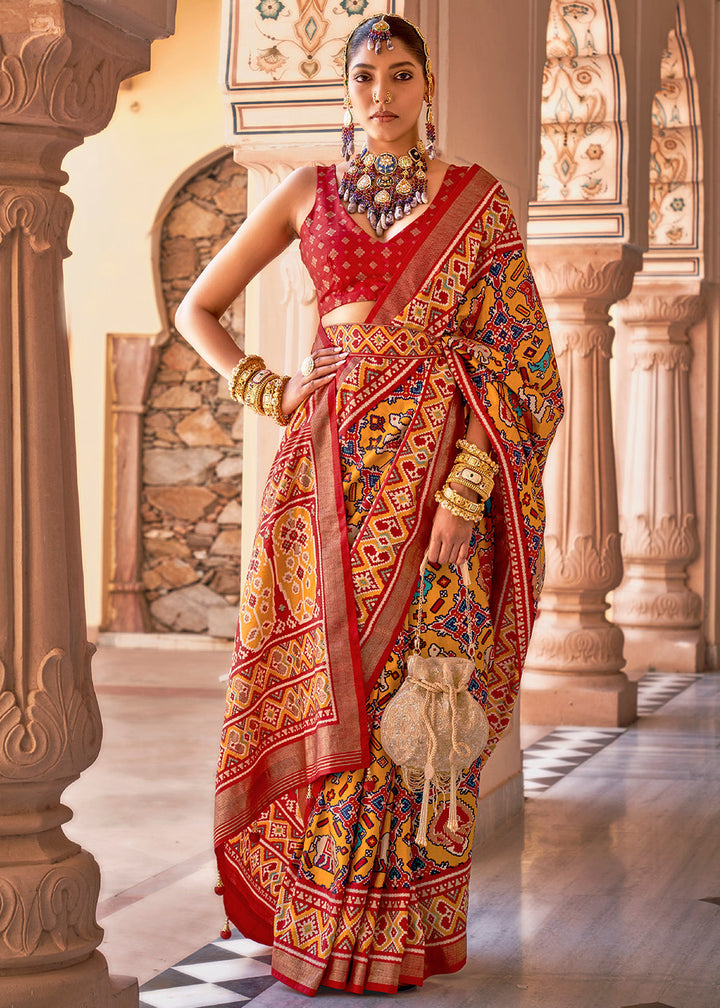 Yellow & Red Printed Patola Silk Saree