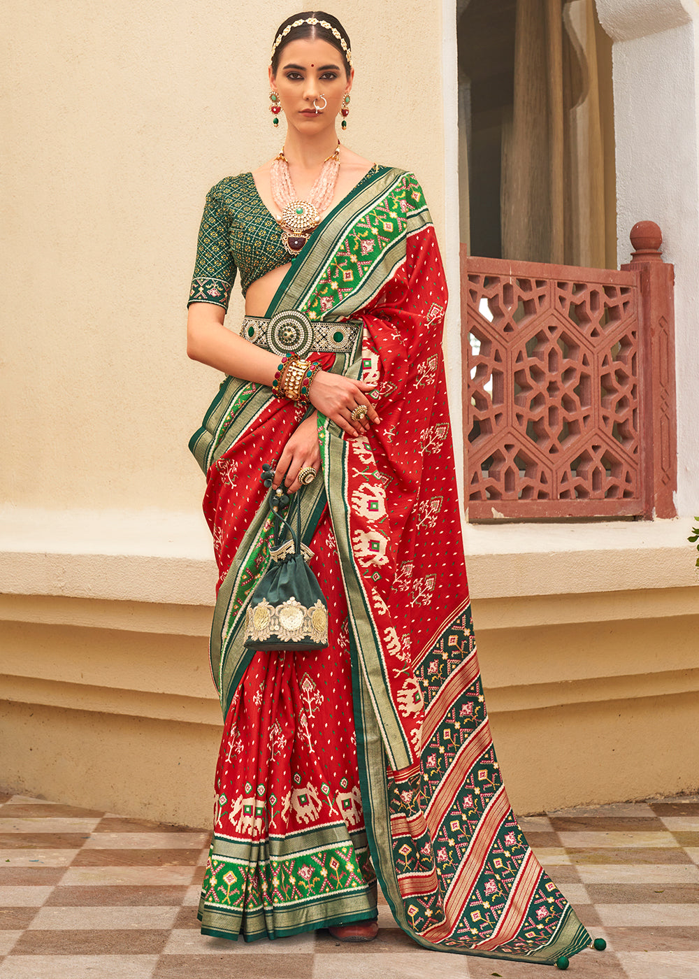 Scarlet Red & Green Printed Patola Silk Saree