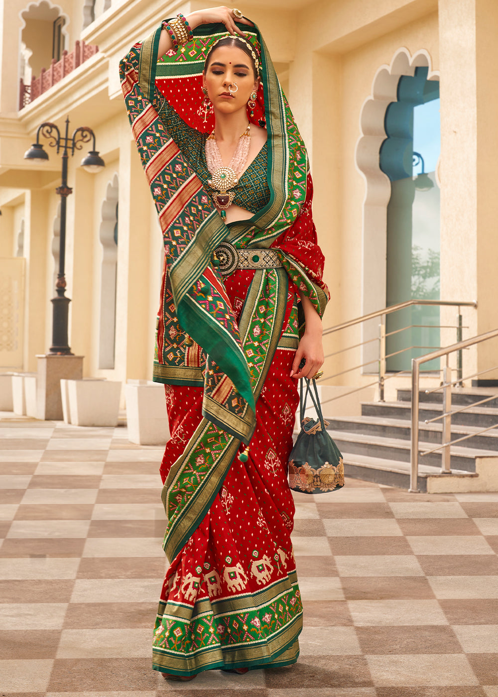 Scarlet Red & Green Printed Patola Silk Saree
