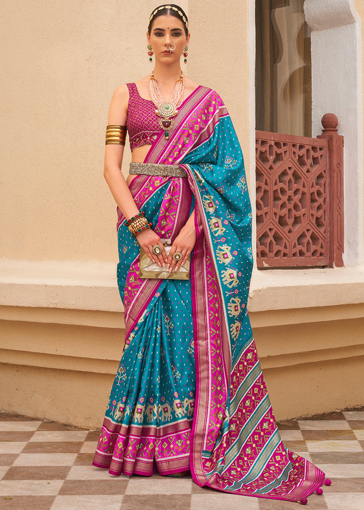 Cerulean Blue & Pink Printed Patola Silk Saree