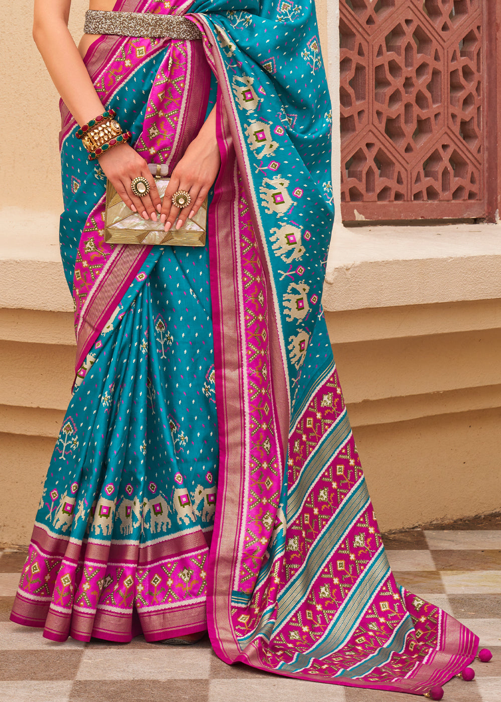 Cerulean Blue & Pink Printed Patola Silk Saree