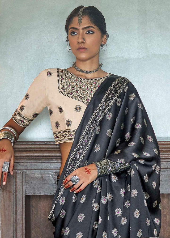 Cool Black Gajji Silk Saree with Embroidery Blouse