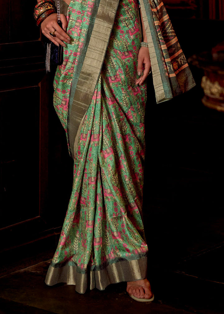 Light Green Printed Zari woven Silk Saree