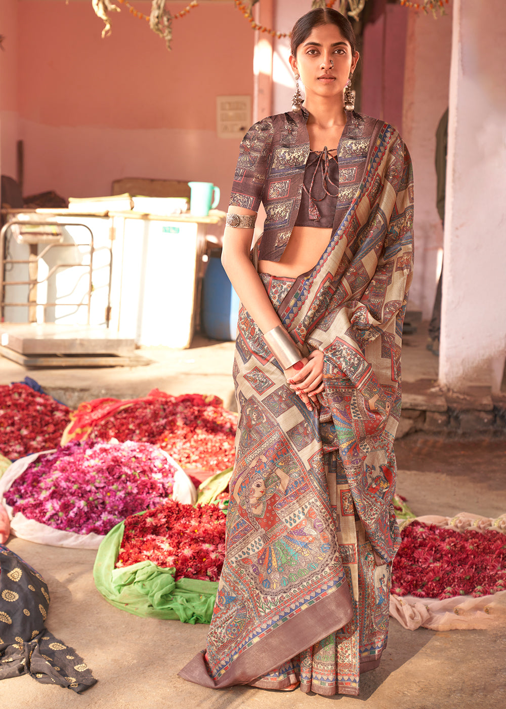 Shades Of Brown Madhubani Digital Printed Silk Saree