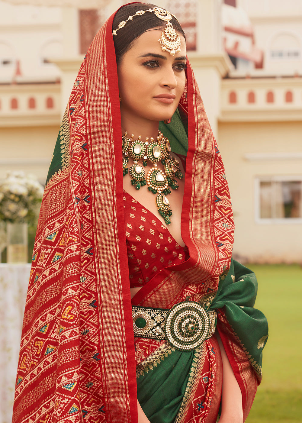 Red & Green Printed Patola Silk Saree