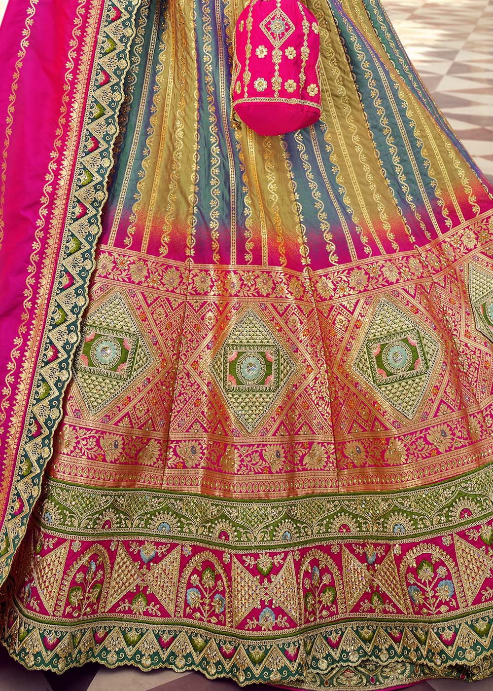 Multi Colour Banarasi Silk Lehenga Choli with Heavy Embroidered work