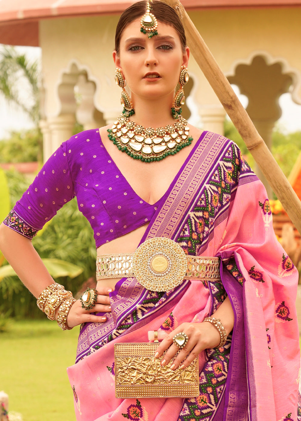 Pink & Purple Printed Patola Designer Silk Saree
