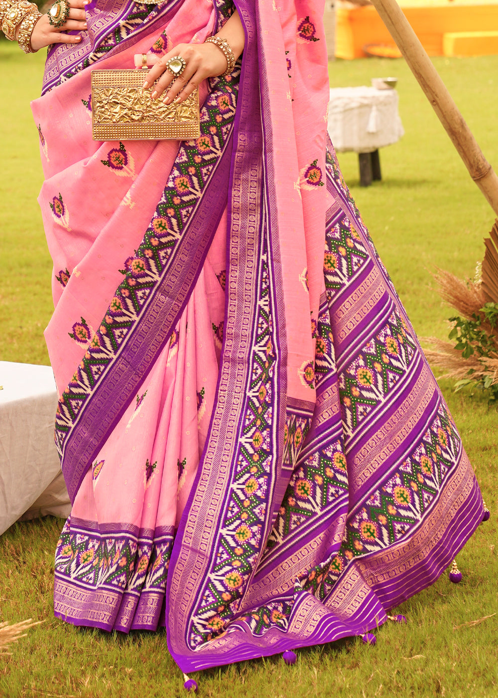 Pink & Purple Printed Patola Designer Silk Saree