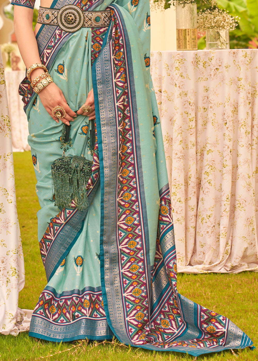 Shades Of Blue Printed Patola Designer Silk Saree