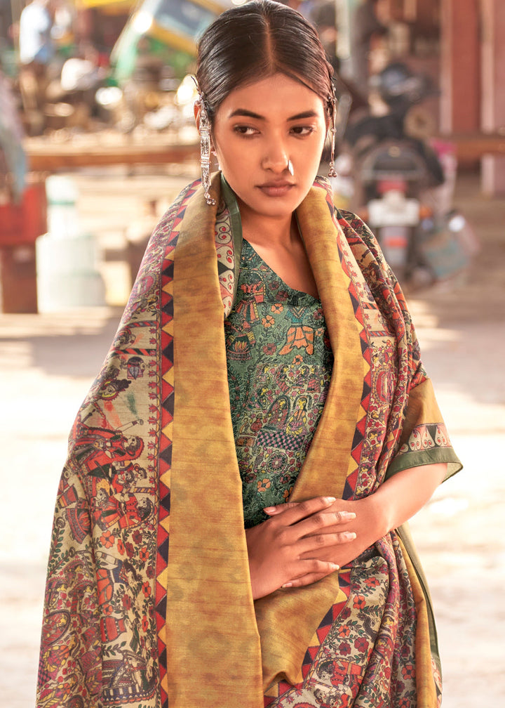 Green & Yellow Madhubani Digital Printed Silk Saree