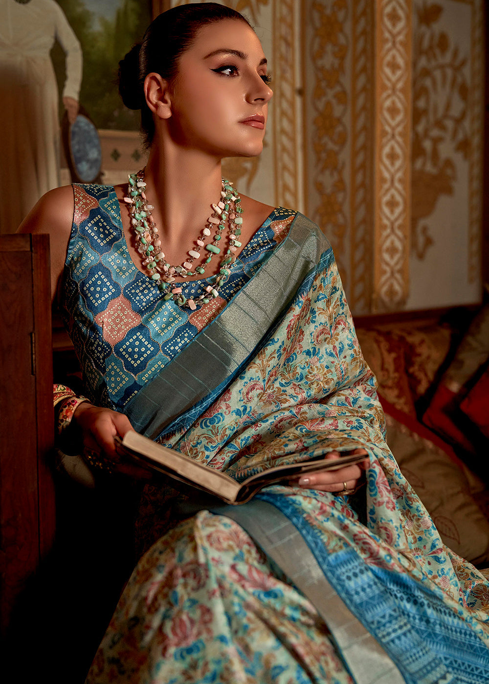 Shades Of Blue Printed Zari woven Silk Saree