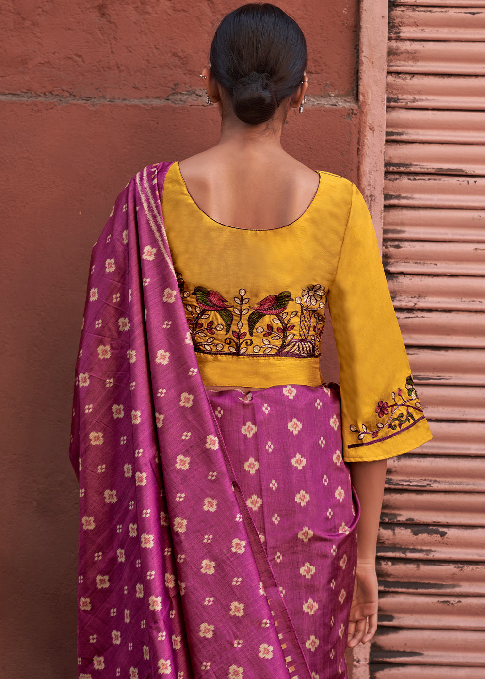 Fandango Pink Ikkat Silk Jaipuri Saree with Embroidery Designer Blouse
