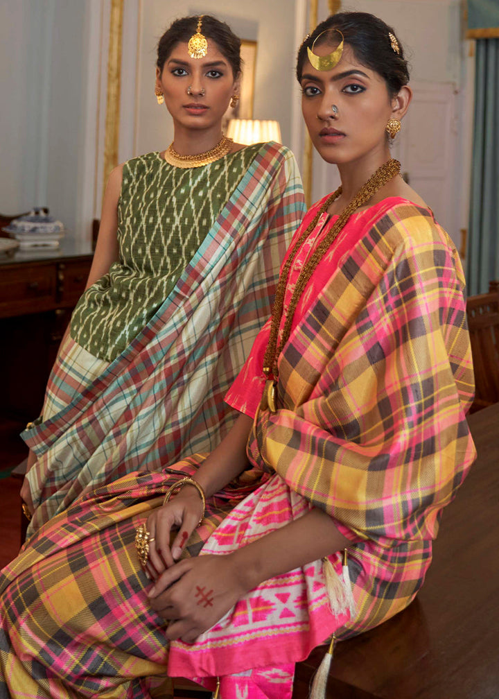 Yellow & Pink Printed Silk Saree