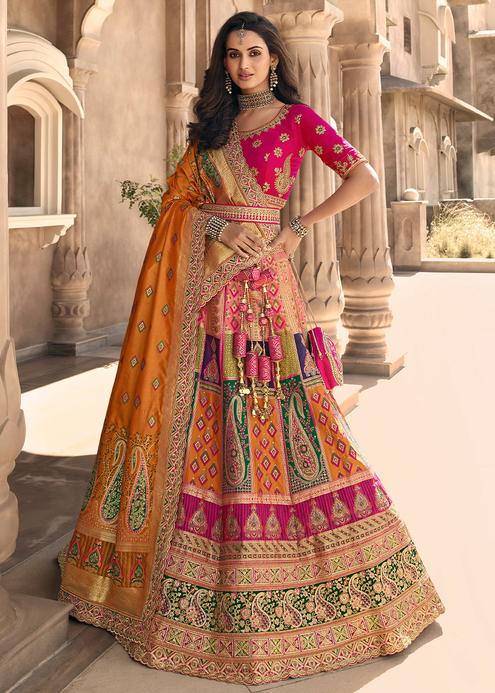 Multicolored Heavy Embroidery Banarasi Silk lehenga Choli