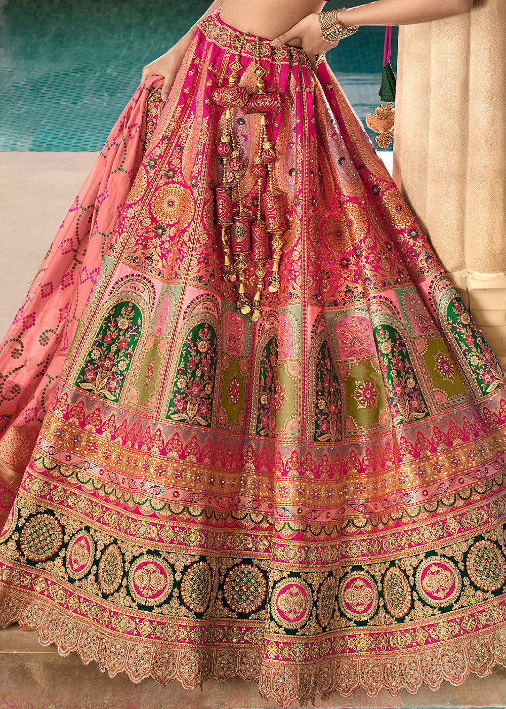 Pink & Green Heavy Embroidery Banarasi Silk lehenga Choli