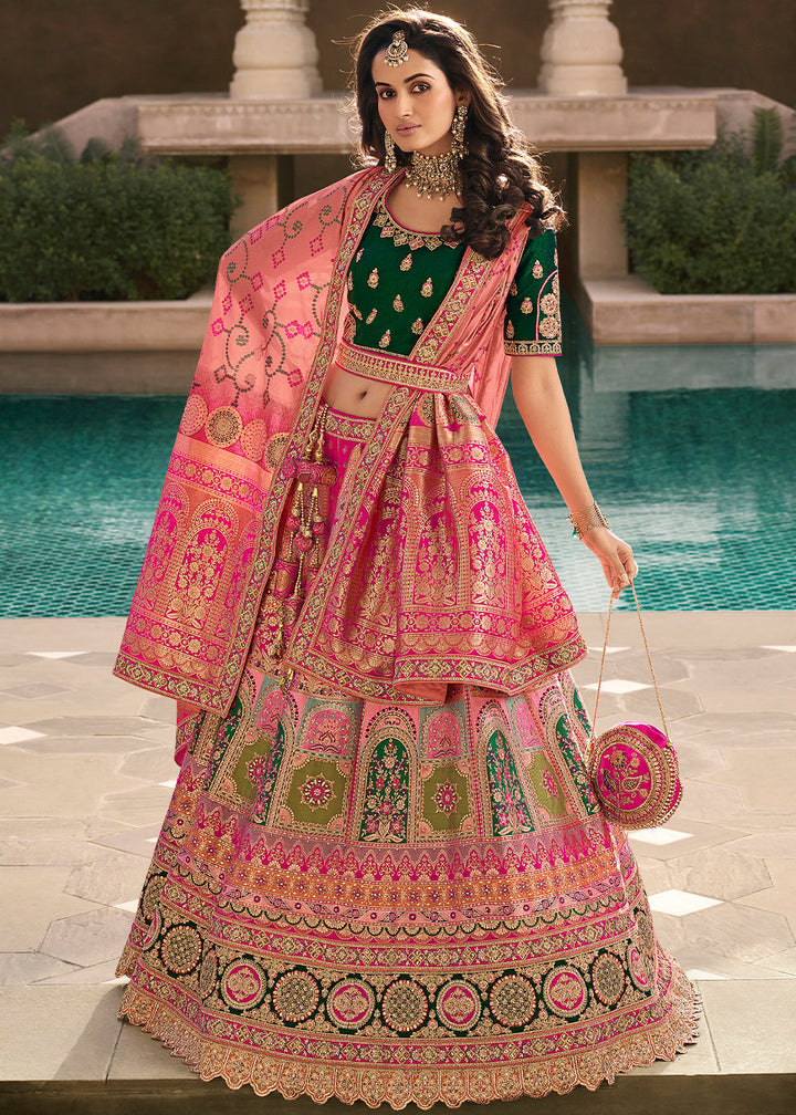 Pink & Green Heavy Embroidery Banarasi Silk lehenga Choli