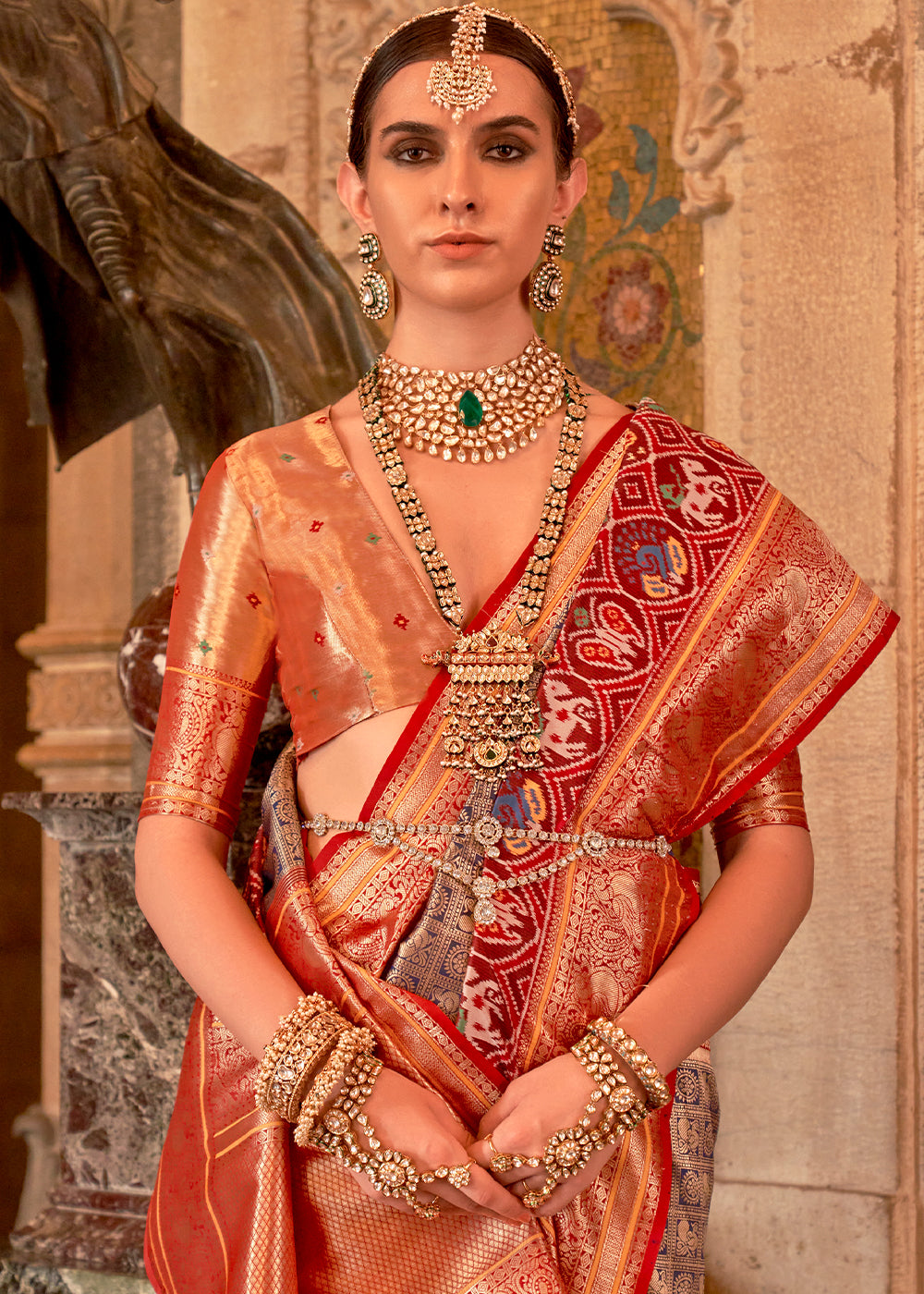 Purple & Orange Zari Woven Jacquard Banarasi Silk Saree