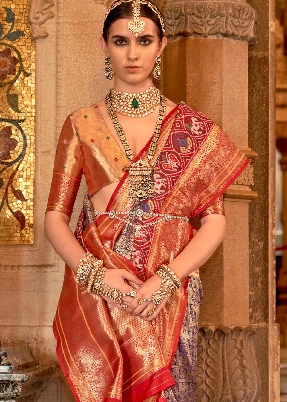 Purple & Orange Zari Woven Jacquard Banarasi Silk Saree