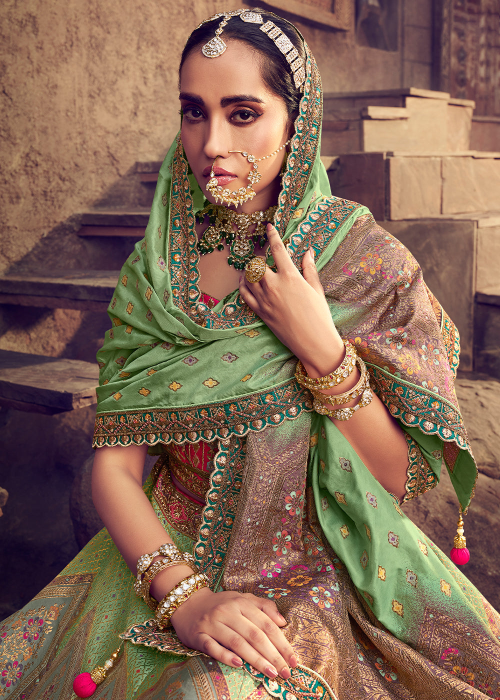 Green & Pink Banarasi Silk Lehenga With Hand Embroidered Work