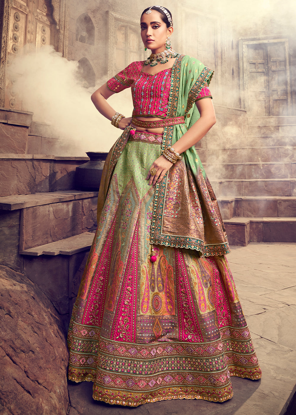 Green & Pink Banarasi Silk Lehenga With Hand Embroidered Work