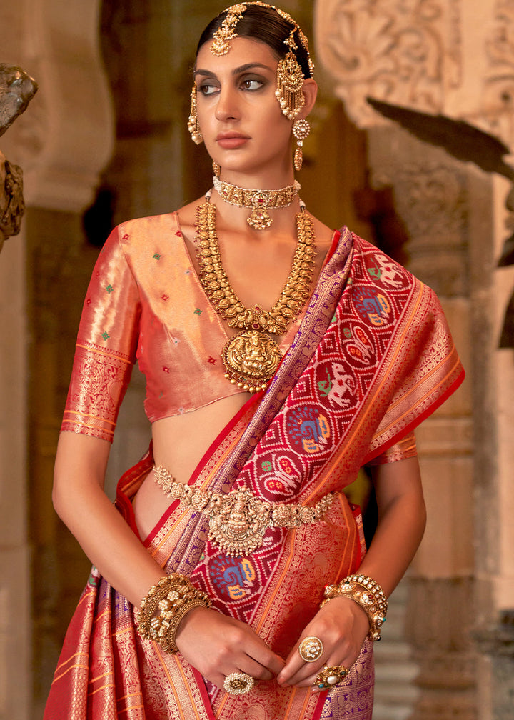 Purple & Red Zari Woven Jacquard Banarasi Silk Saree