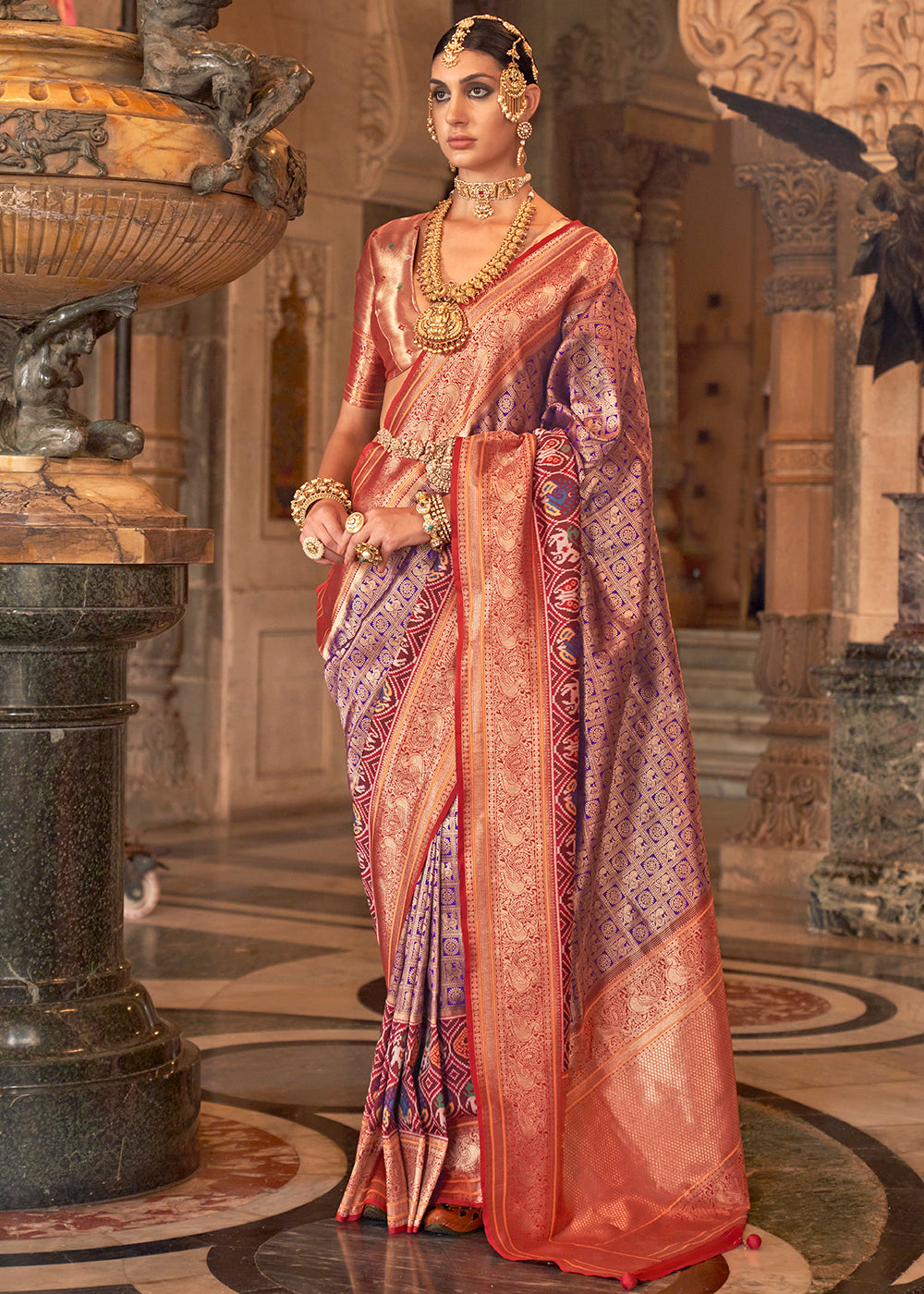 Purple & Red Zari Woven Jacquard Banarasi Silk Saree