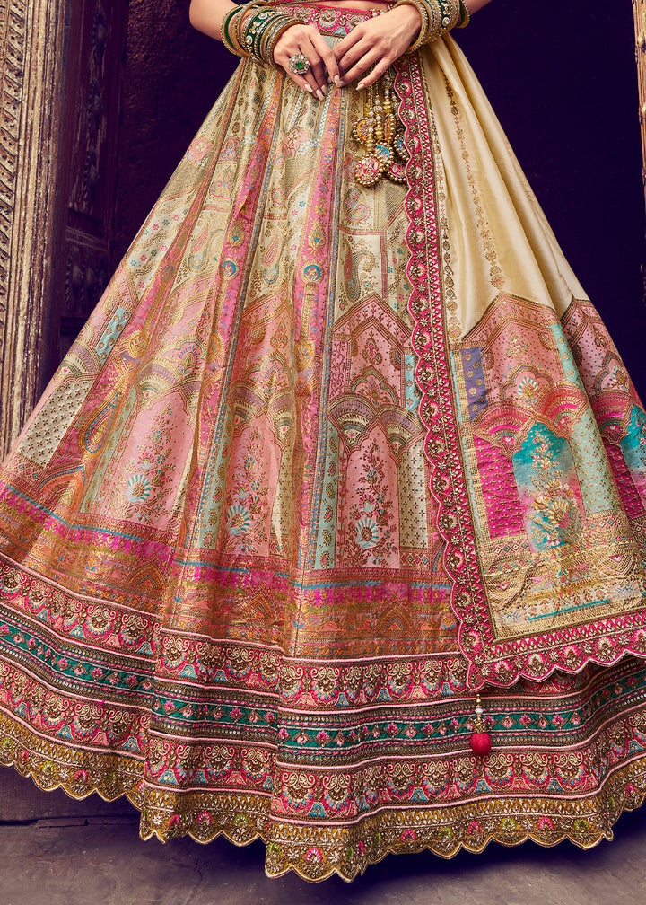 Multi Colored Banarasi Silk Lehenga With Hand Embroidered Work