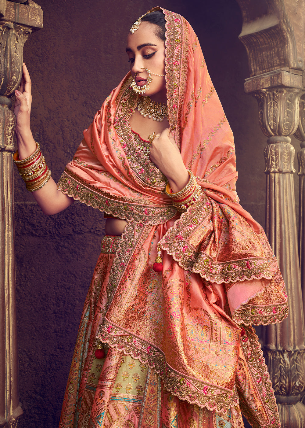 Red & Pink Banarasi Silk Lehenga With Hand Embroidered Work