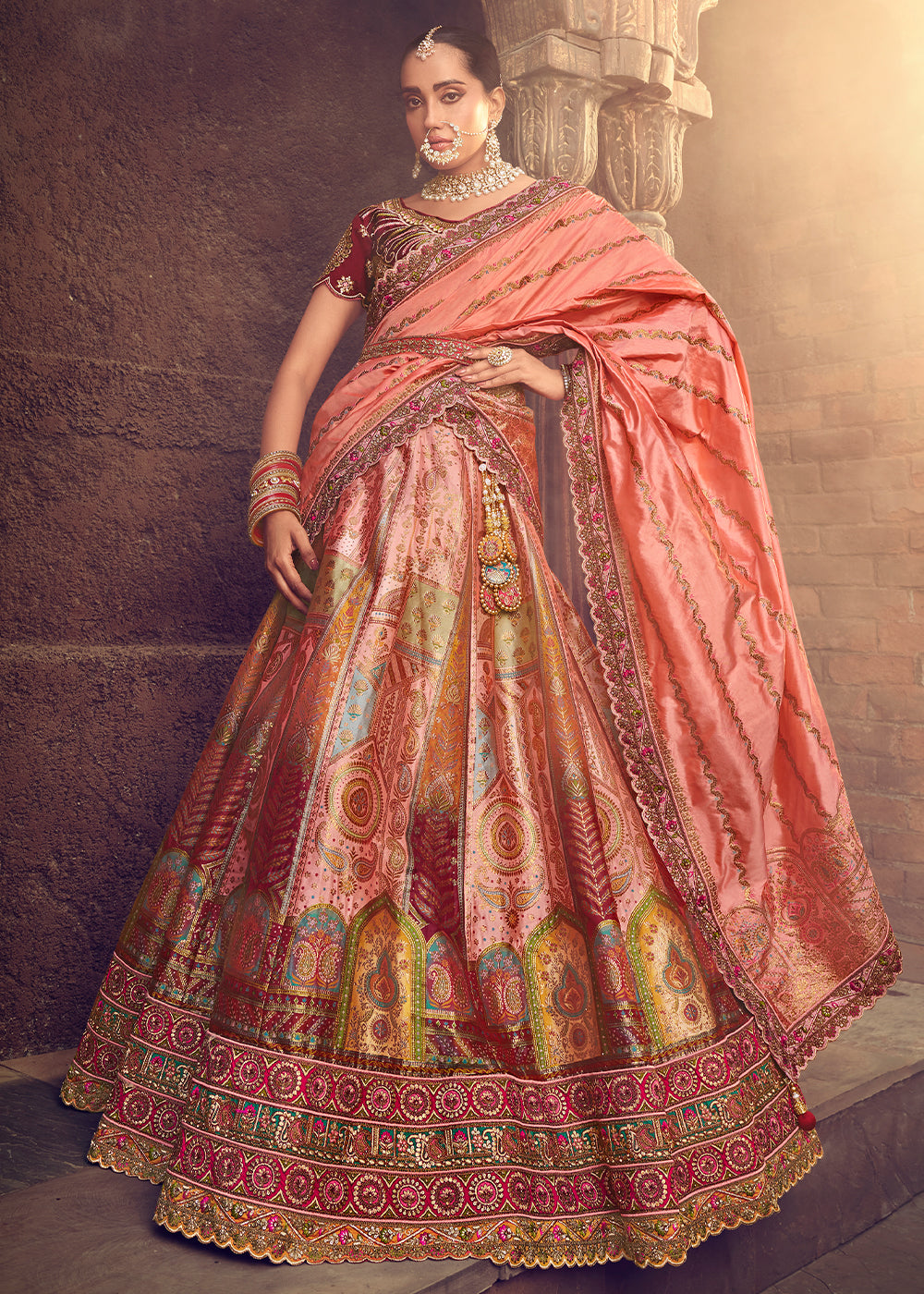 Red & Pink Banarasi Silk Lehenga With Hand Embroidered Work