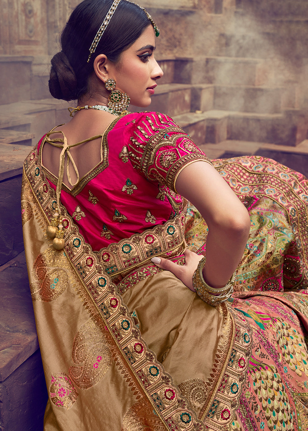 Brown & Pink Banarasi Silk Lehenga With Hand Embroidered Work