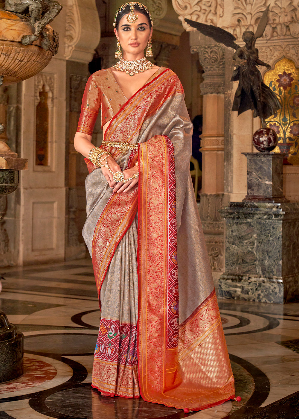 Light Grey Zari Woven Jacquard Banarasi Silk Saree