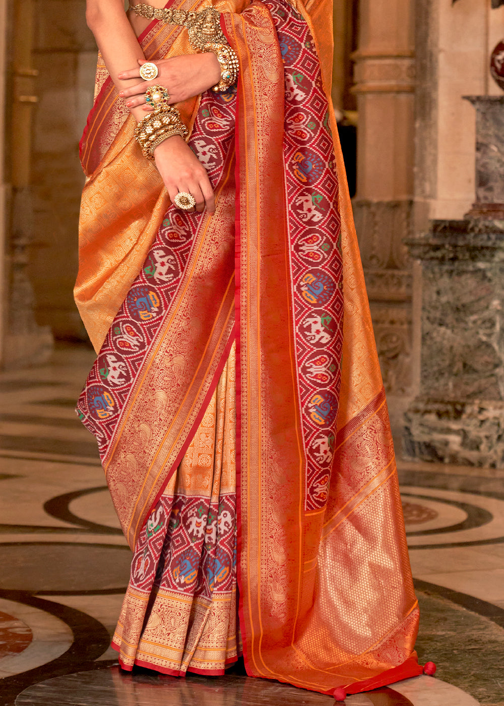 Shades Of Orange Zari Woven Jacquard Banarasi Silk Saree