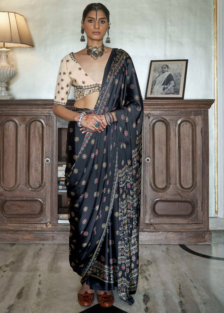 Raven Black Gajji Silk Saree with Embroidery Blouse