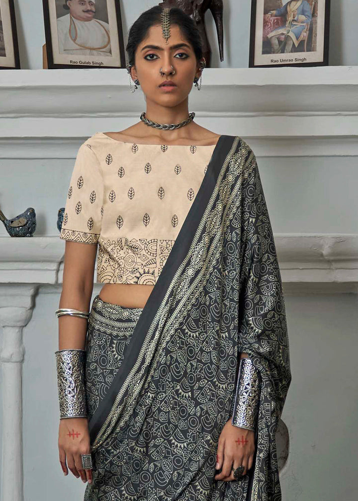 Slate Black Gajji Silk Saree with Embroidery Blouse