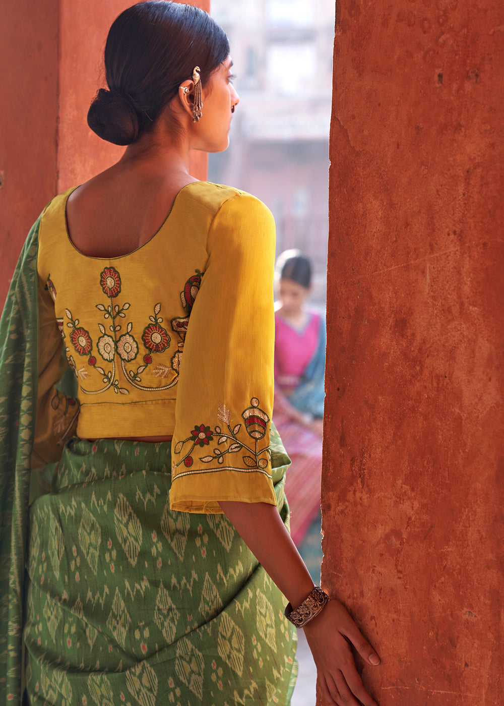 Sea Green Ikkat Silk Jaipuri Saree with Embroidery Designer Blouse