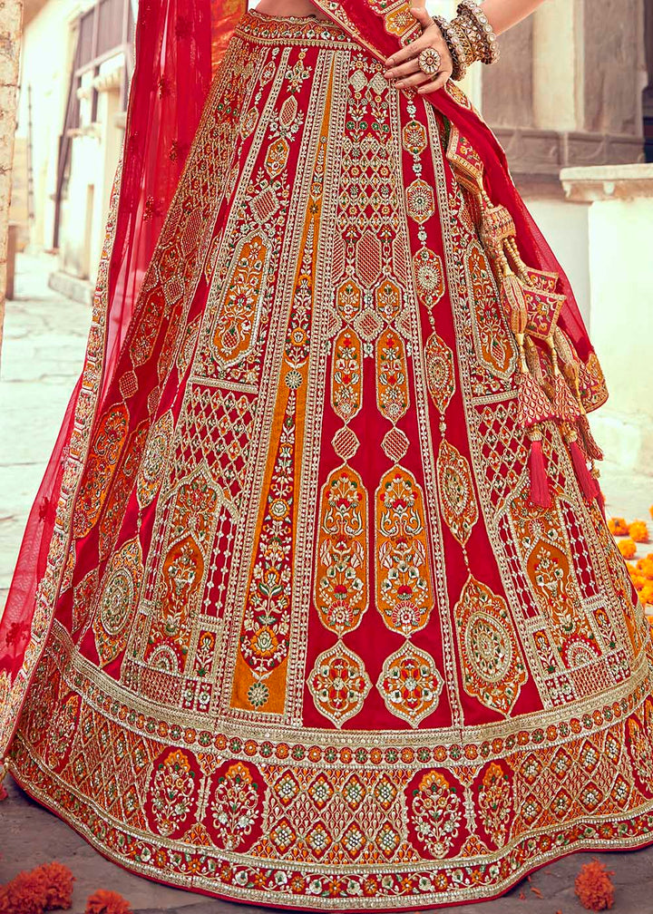 Apple Red Banarasi Silk Lehenga Choli with Jarkan, Cutdana and Hand Embroidery work:Bridal Edition