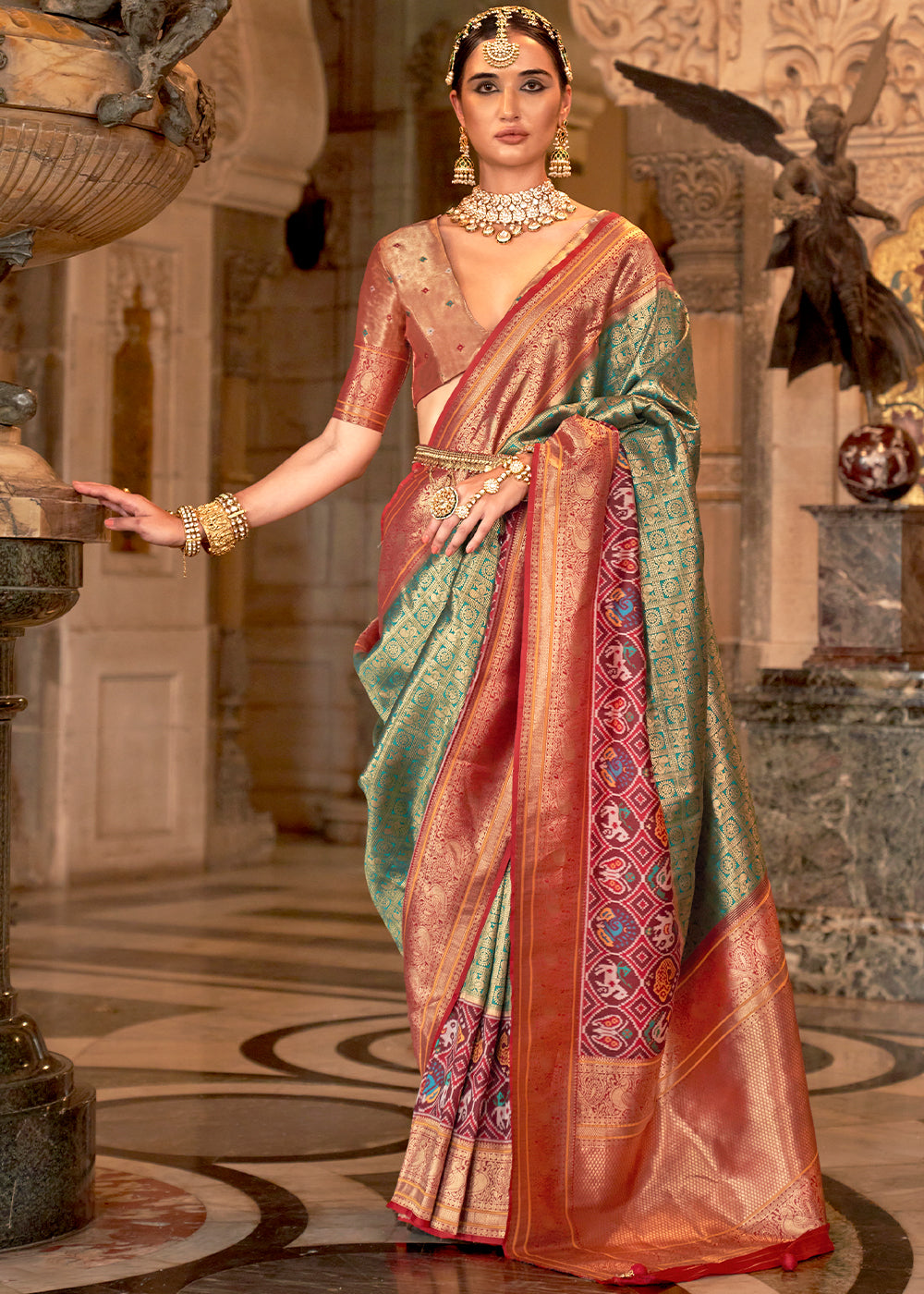 Green & Red Zari Woven Jacquard Banarasi Silk Saree
