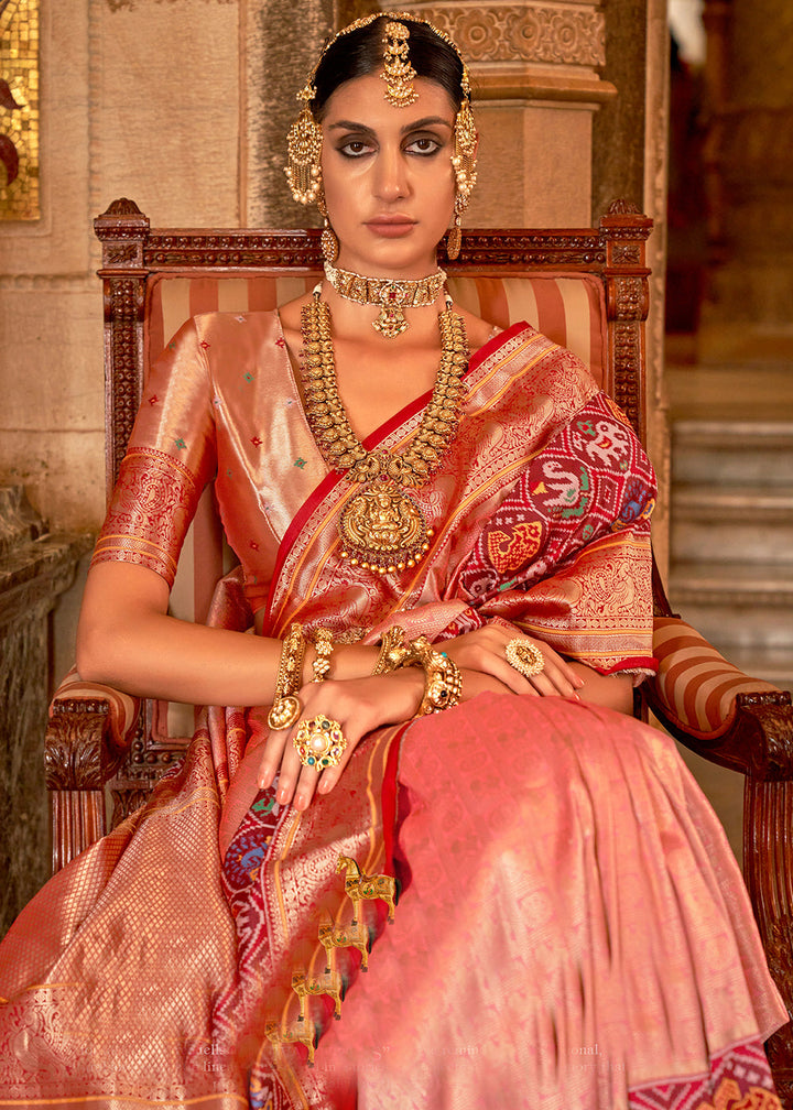 Pink & Red Zari Woven Jacquard Banarasi Silk Saree