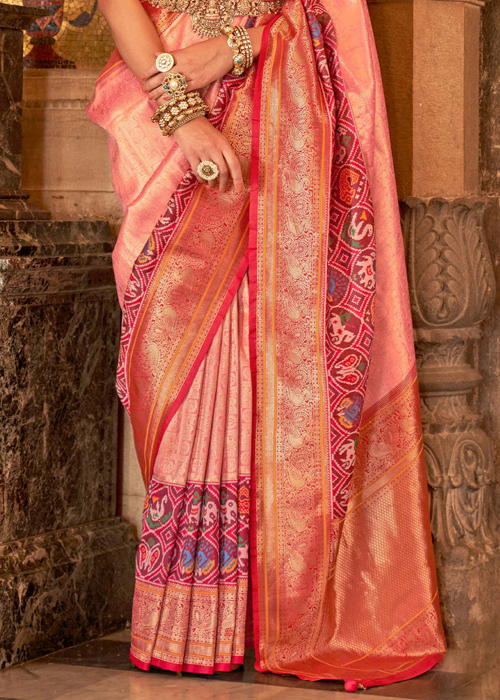 Pink & Red Zari Woven Jacquard Banarasi Silk Saree