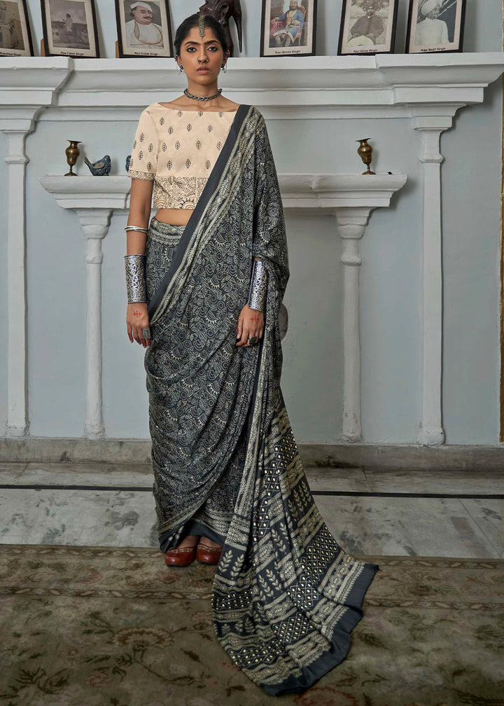 Slate Black Gajji Silk Saree with Embroidery Blouse