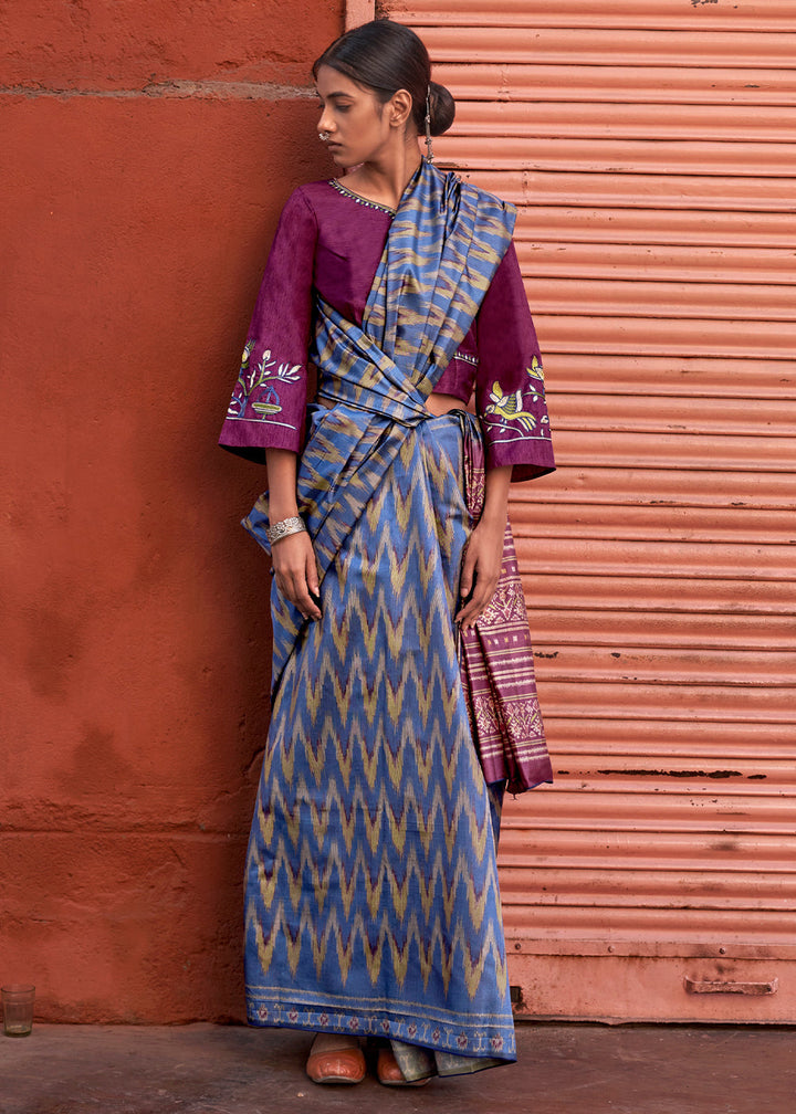 Sapphire Blue Ikkat Silk Jaipuri Saree with Embroidery Designer Blouse