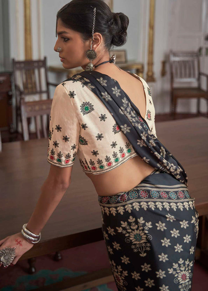Ebony Black Gajji Silk Saree with Embroidery Blouse