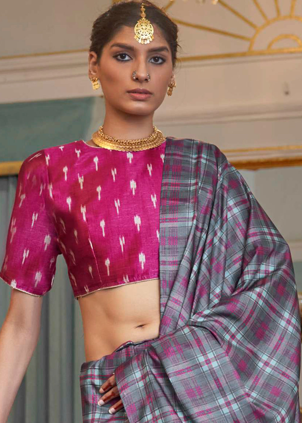 Grey & Pink Printed Silk Saree