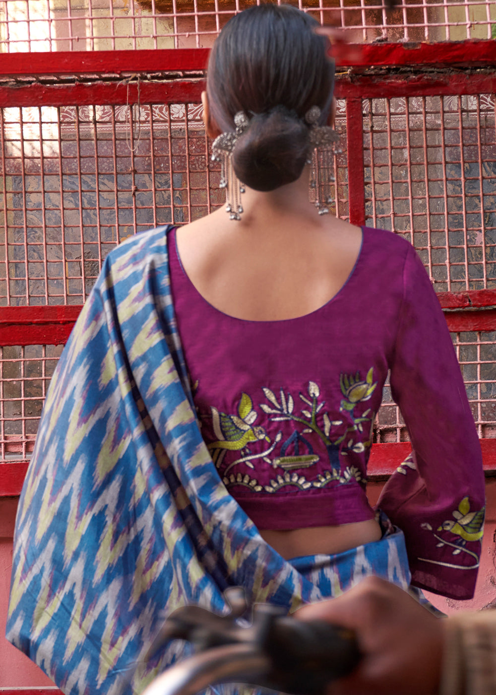 Sapphire Blue Ikkat Silk Jaipuri Saree with Embroidery Designer Blouse