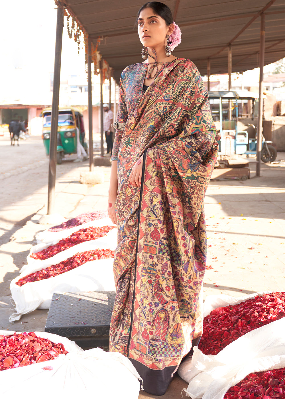Multicolored Madhubani Digital Printed Silk Saree